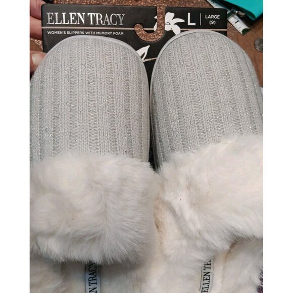 ELLEN TRACY Women’s Size 9M/L Grey &‎ Sparkles Slippers W/Memory Foam & Fur NWT - Picture 2 of 6
